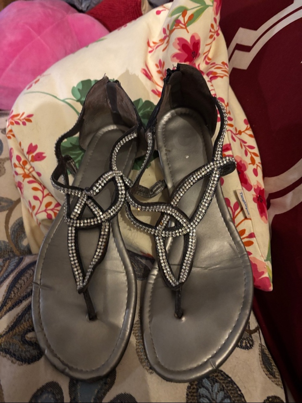 Women's Black Rhinestone T-Strap Sandals Guess